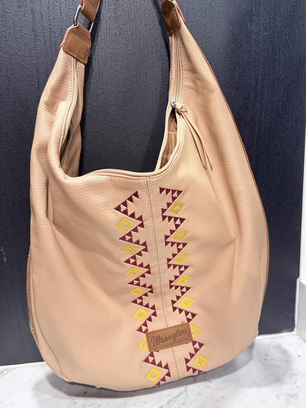 Wrangler Beige Embroidered Hobo with Burgundy and Yellow Accents